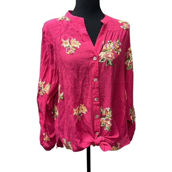 figueroa & flower Tops - Figueroa & Flower Pink Embroidered Boho Button Blouse Large
